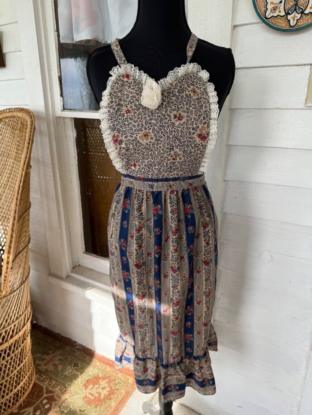 Vintage 50's Cotton Blue Tan Floral Striped Ticking Full Apron Cottage Farm